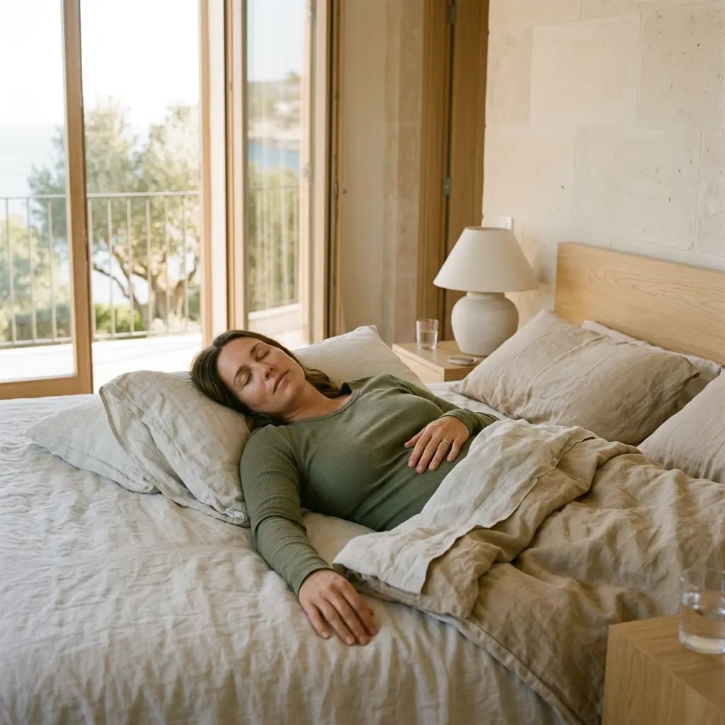 Woman lying in a linen-dressed bed with eyes closed and hand on her stomach, balcony doors and olive trees behind her