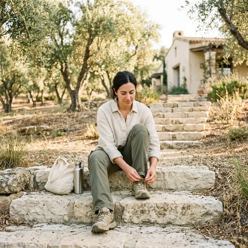 Woman tying her walking shoe on a stone step, with a canvas tote and steel water bottle beside her