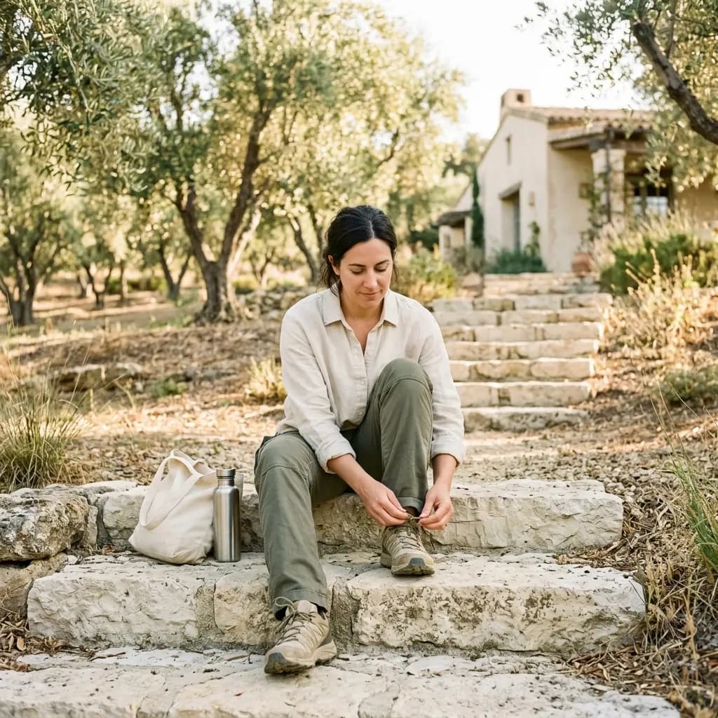 Woman tying her walking shoe on a stone step, with a canvas tote and steel water bottle beside her