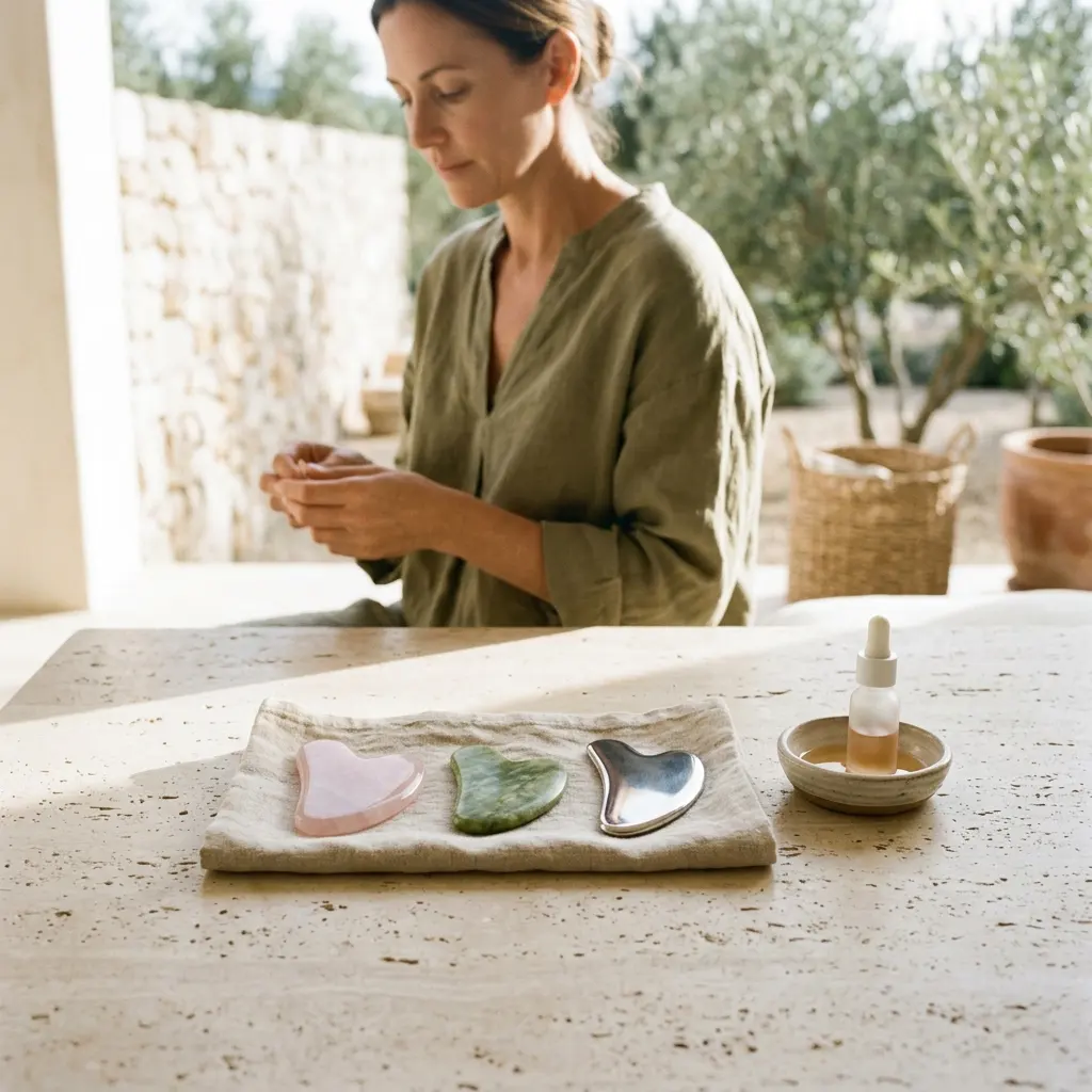Rose quartz, jade and steel gua sha tools on a linen cloth beside a facial oil, woman in green linen top behind