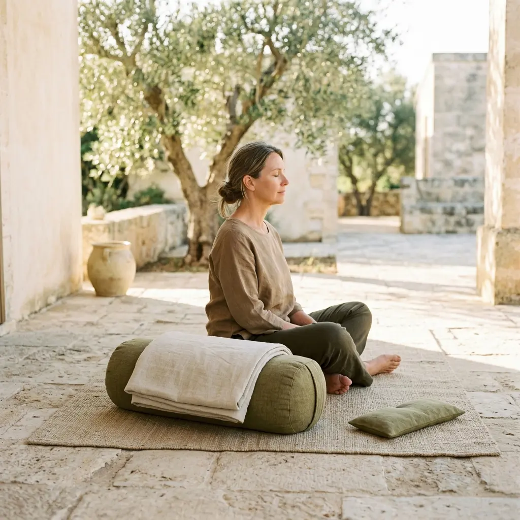 Woman sitting cross-legged on a rug beside a green bolster with a folded blanket and an eye pillow