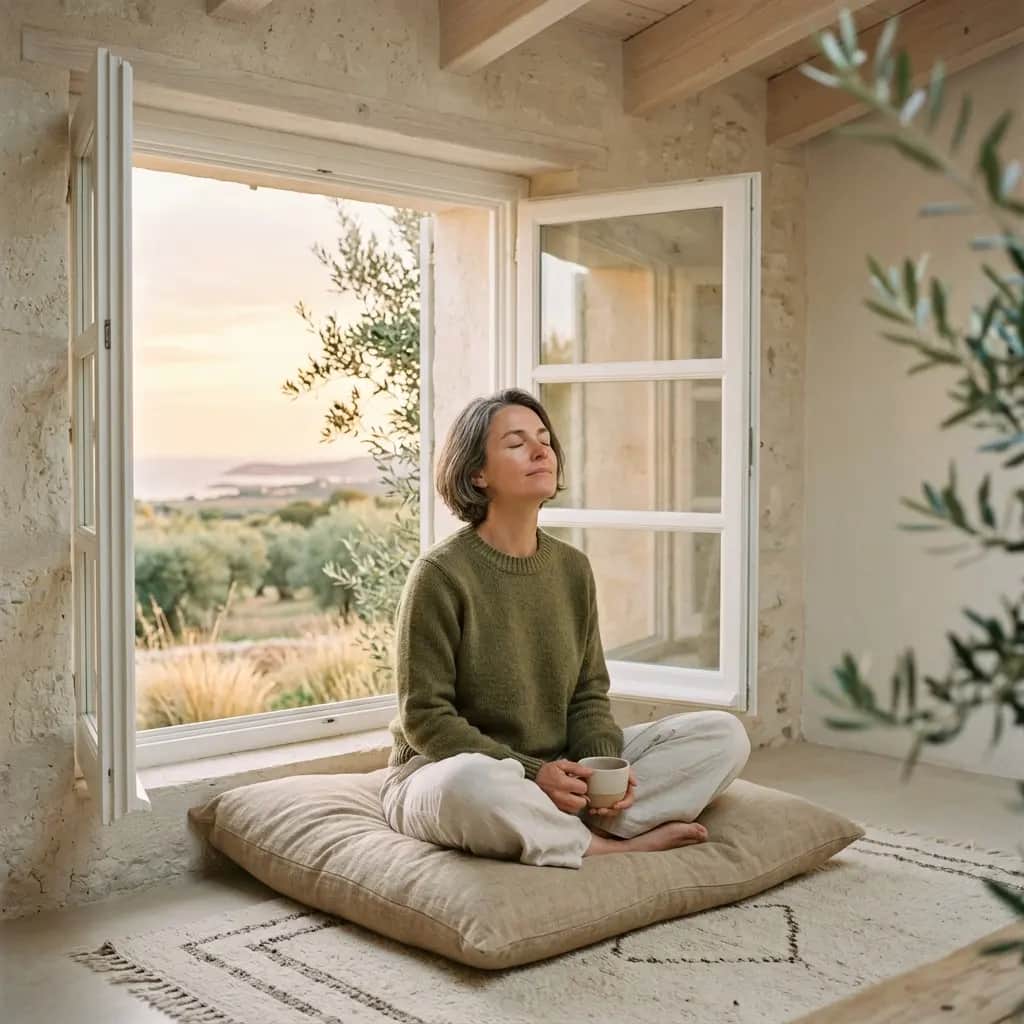 Woman with closed eyes sitting cross-legged on a floor cushion holding a cup beside an open window