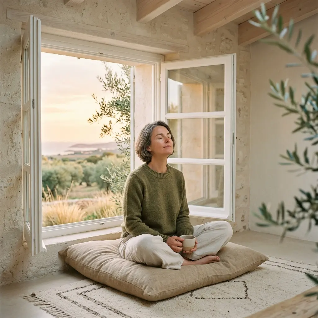 Woman with closed eyes sitting cross-legged on a floor cushion holding a cup beside an open window