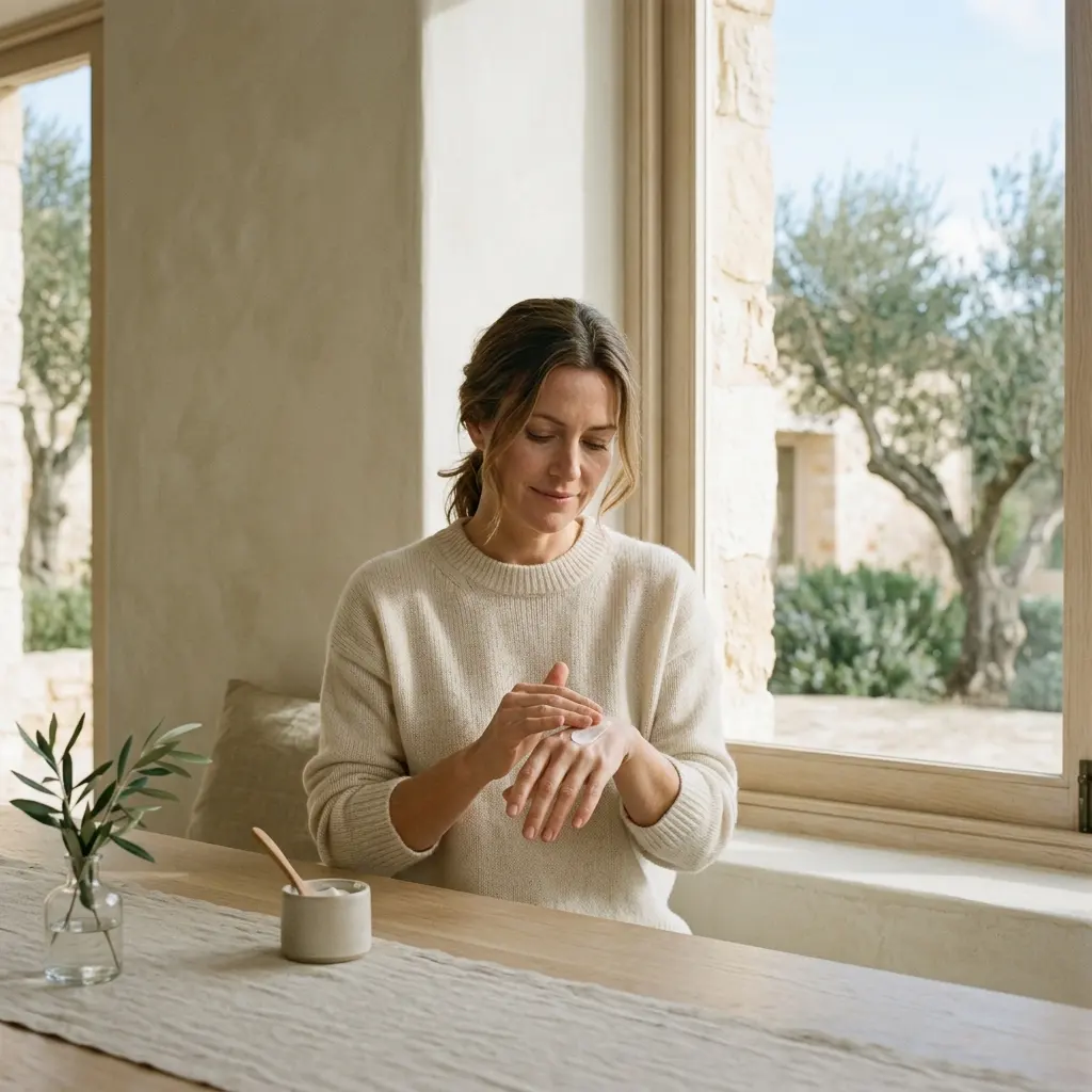 Woman in a cream knit sweater smoothing hand cream onto her hand at a wooden table by a sunny window