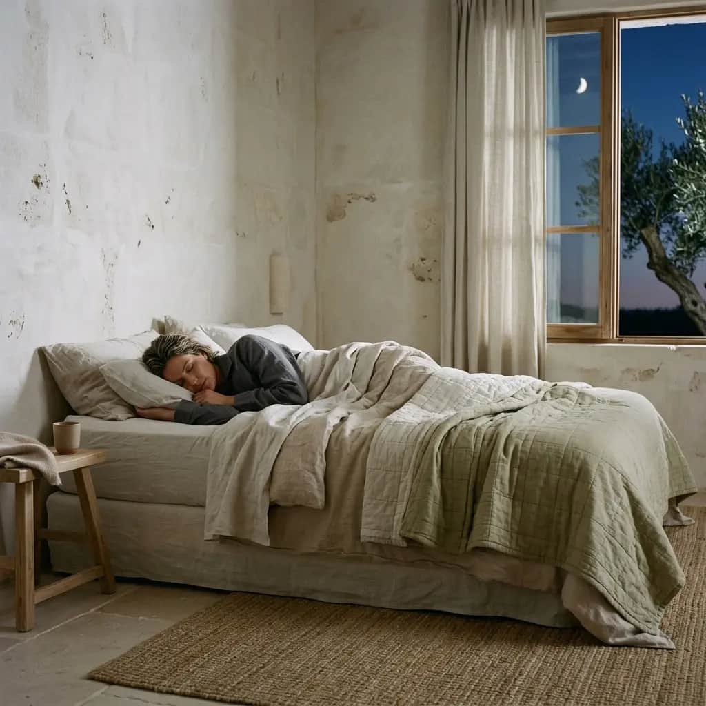 Woman asleep in a bed under a sage quilted blanket, with a moon and olive tree in the window at night