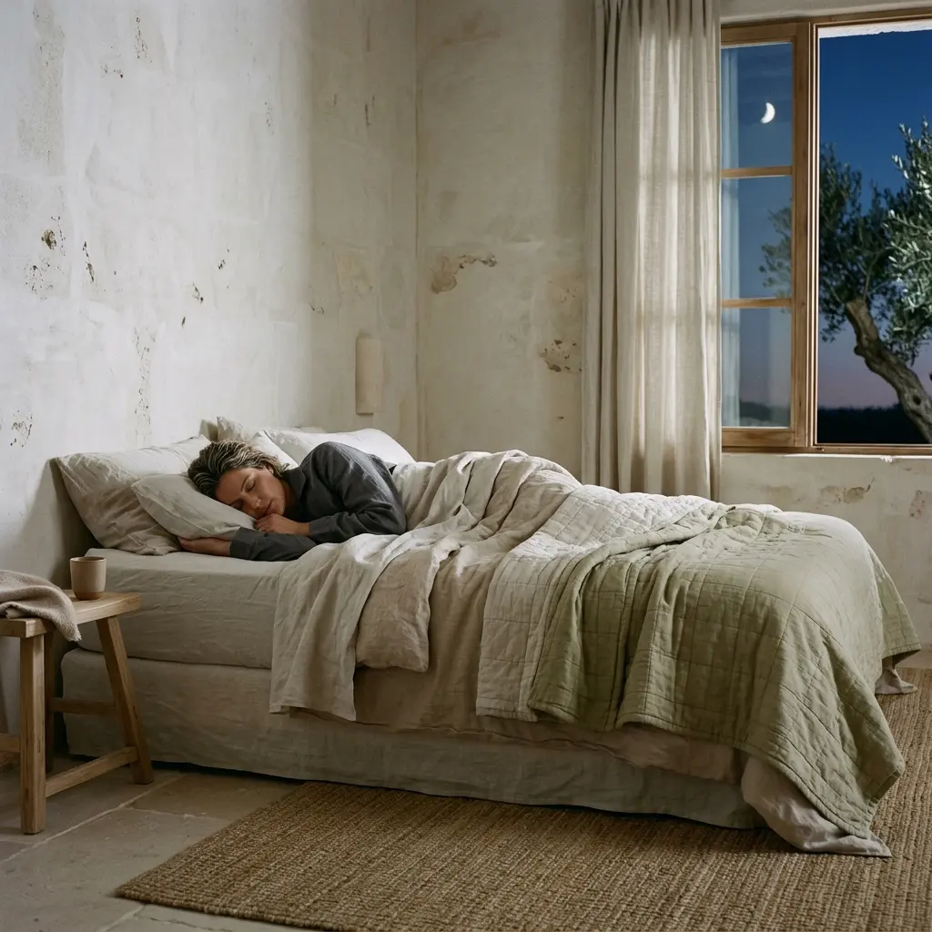 Woman asleep in a bed under a sage quilted blanket, with a moon and olive tree in the window at night