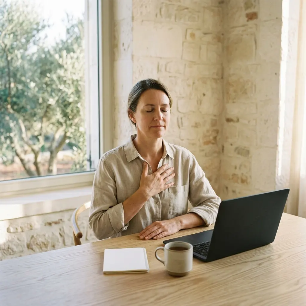 Woman with eyes closed and hand on her chest at a wooden desk with a laptop, notebook and mug