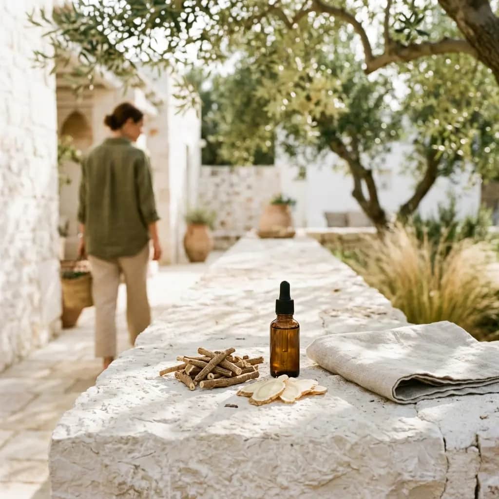 Dropper bottle, dried licorice root and sliced herb root on a stone ledge with a woman walking away behind