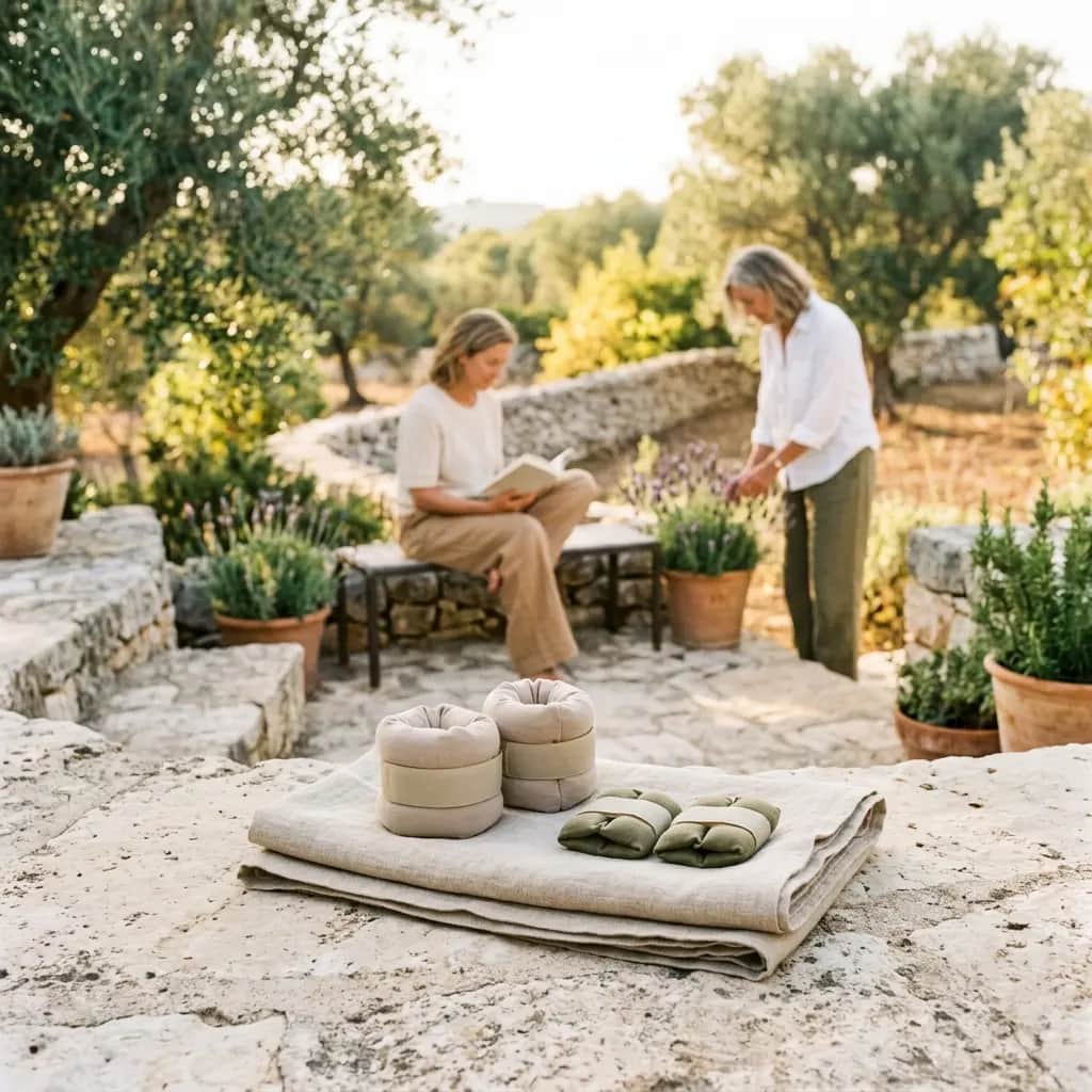 Two pairs of ankle and wrist weights on folded linen on a stone terrace, two women reading and tending plants behind