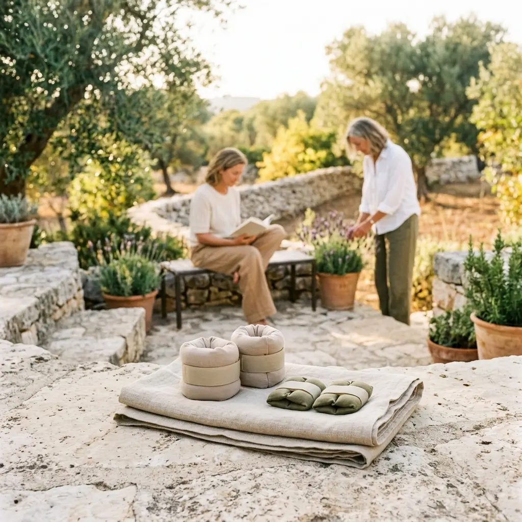 Two pairs of ankle and wrist weights on folded linen on a stone terrace, two women reading and tending plants behind