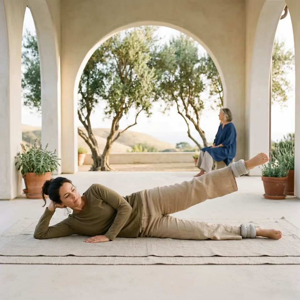 Woman lying on her side on a rug lifting her top leg with ankle weights, under a white arched porch