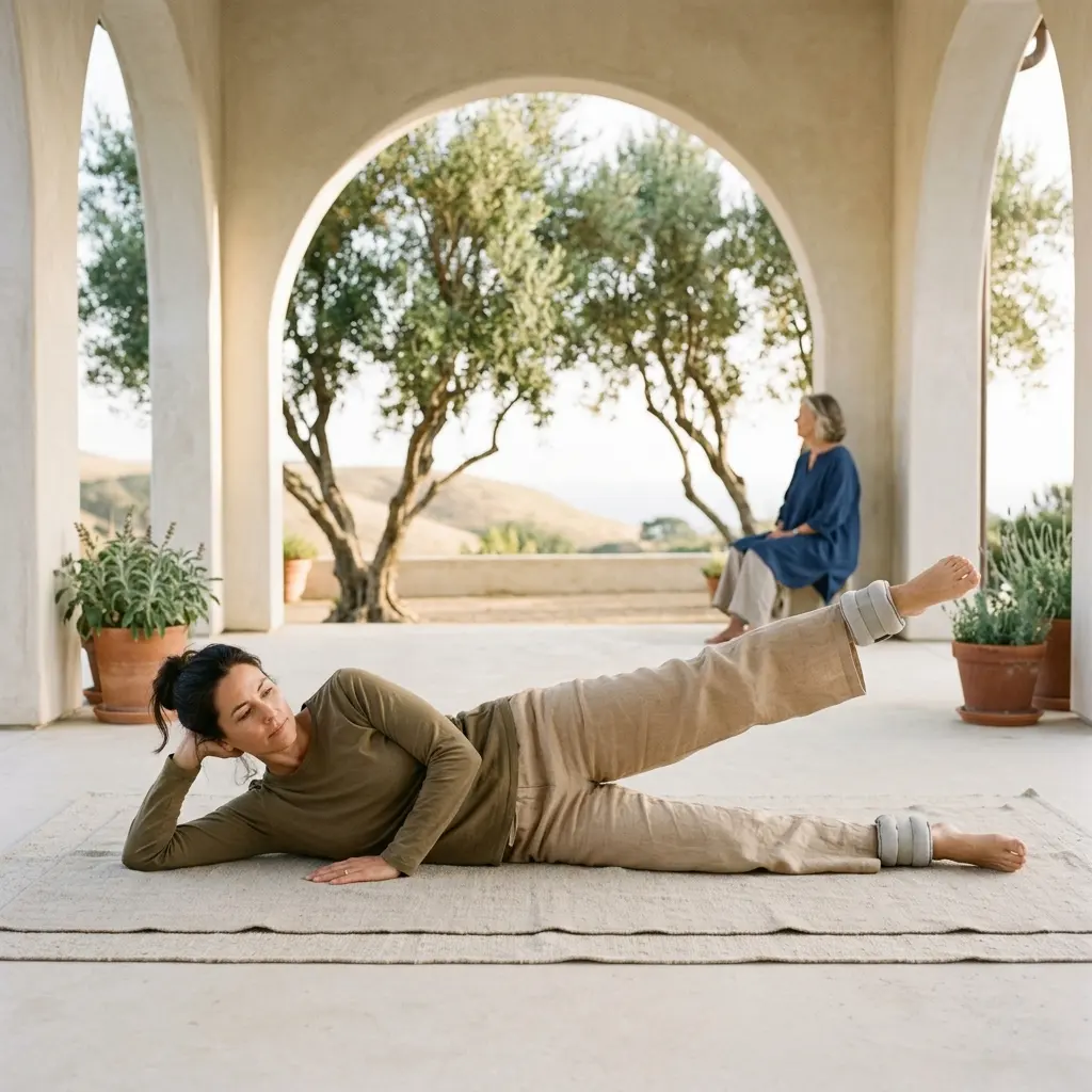 Woman lying on her side on a rug lifting her top leg with ankle weights, under a white arched porch