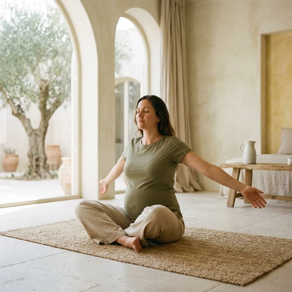Pregnant woman sitting cross-legged on a jute rug with eyes closed and arms stretched out to the sides