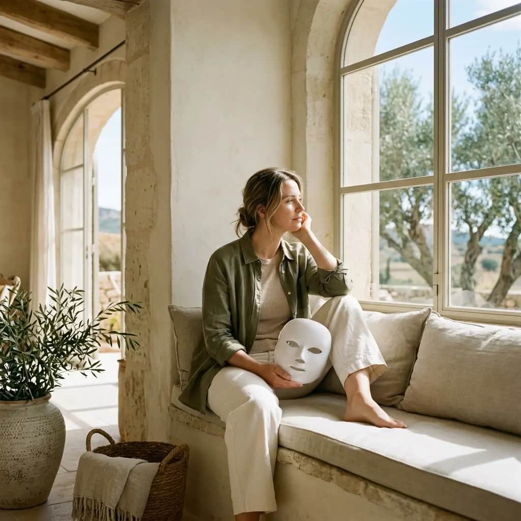 Woman in an olive shirt sitting on a window seat, resting her chin on her hand and holding a white LED face mask