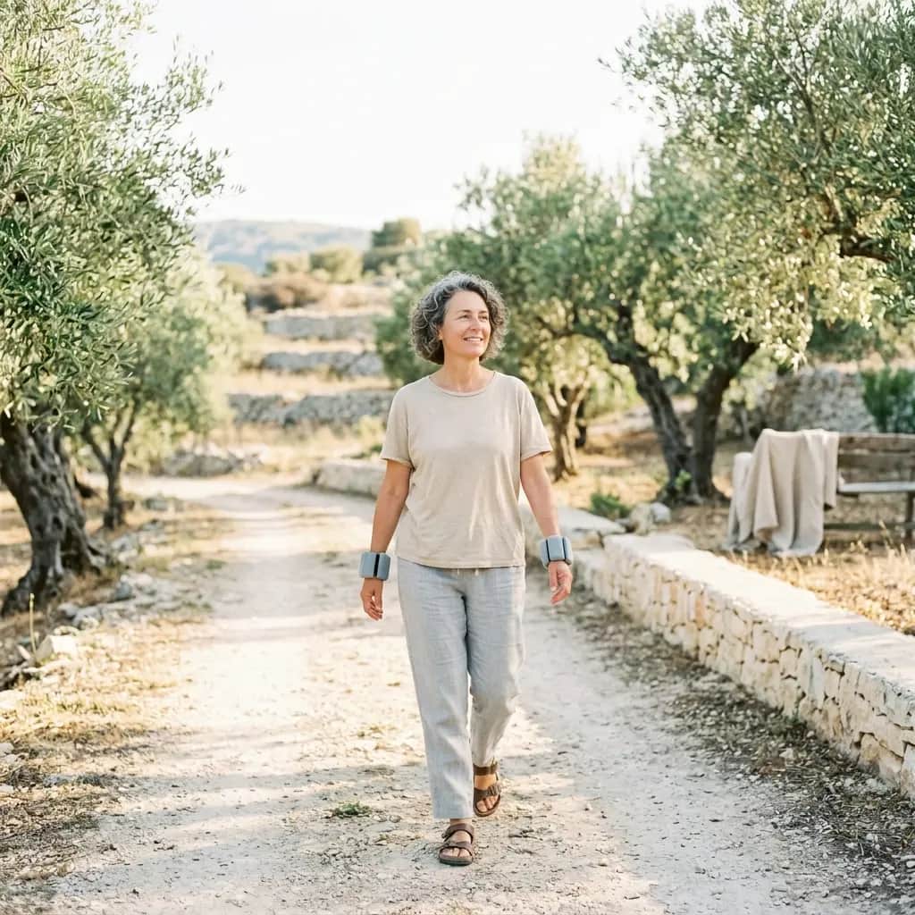 Smiling woman walking along a gravel path between olive trees wearing grey wrist weights and a beige t-shirt