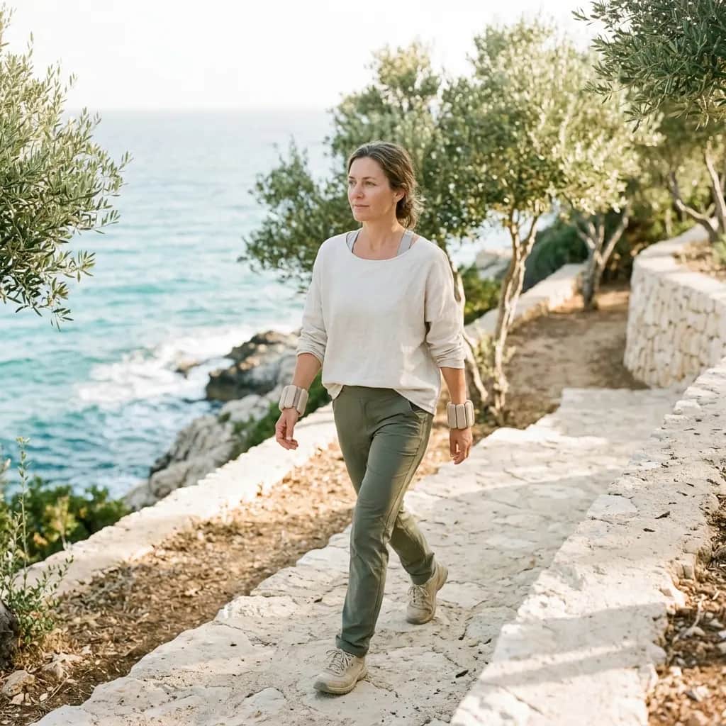 Woman walking on a stone path above the sea wearing beige wrist weights, olive trees beside her