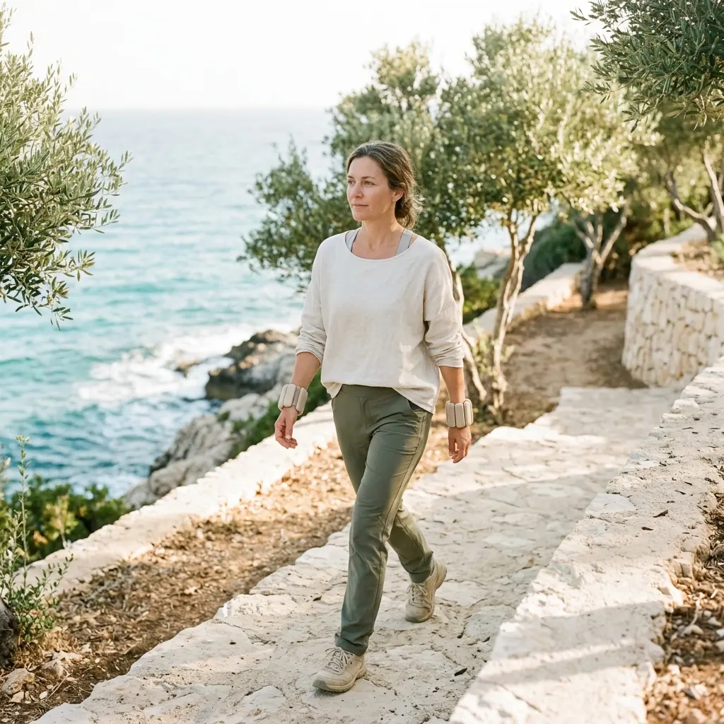 Woman walking on a stone path above the sea wearing beige wrist weights, olive trees beside her