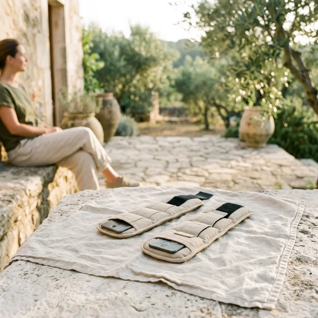 Pair of beige adjustable ankle weights with black straps laid on a linen cloth on a stone ledge