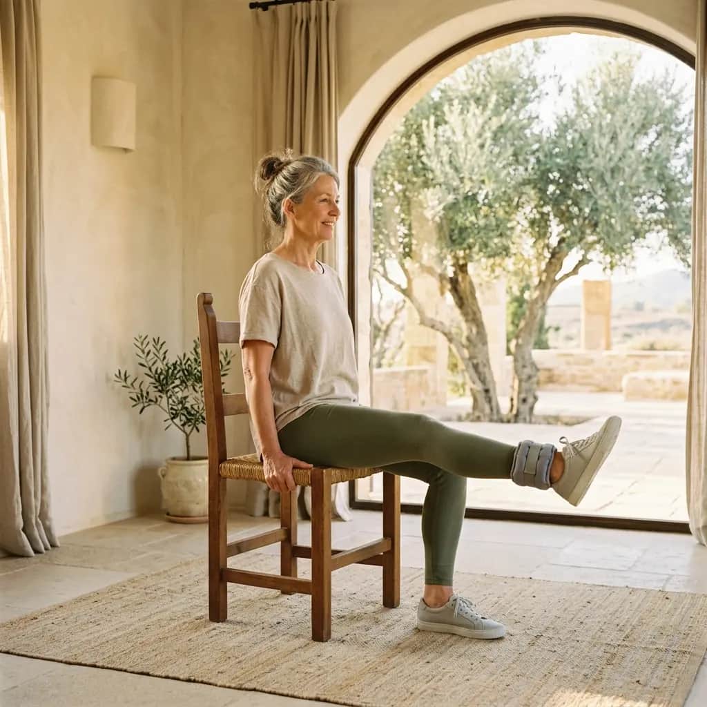 Older woman with gray hair seated on a wooden chair, one leg extended with an ankle weight, in a sunlit room