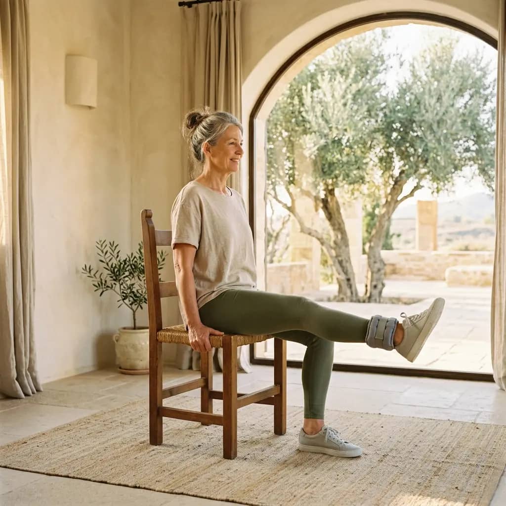 Older woman with gray hair seated on a wooden chair, one leg extended with an ankle weight, in a sunlit room