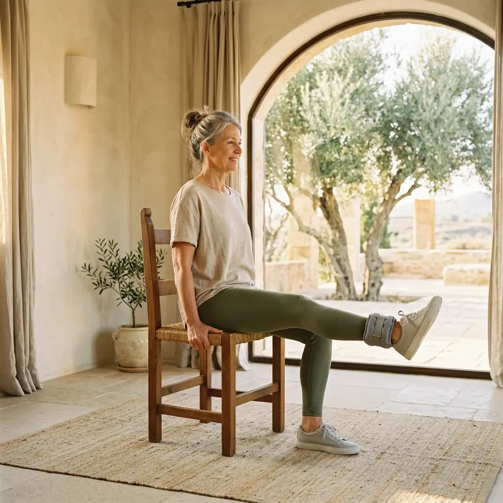 Older woman with gray hair seated on a wooden chair, one leg extended with an ankle weight, in a sunlit room