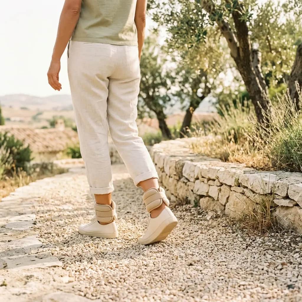 Walker in linen trousers and white sneakers wearing beige ankle weights on a gravel path beside a stone wall