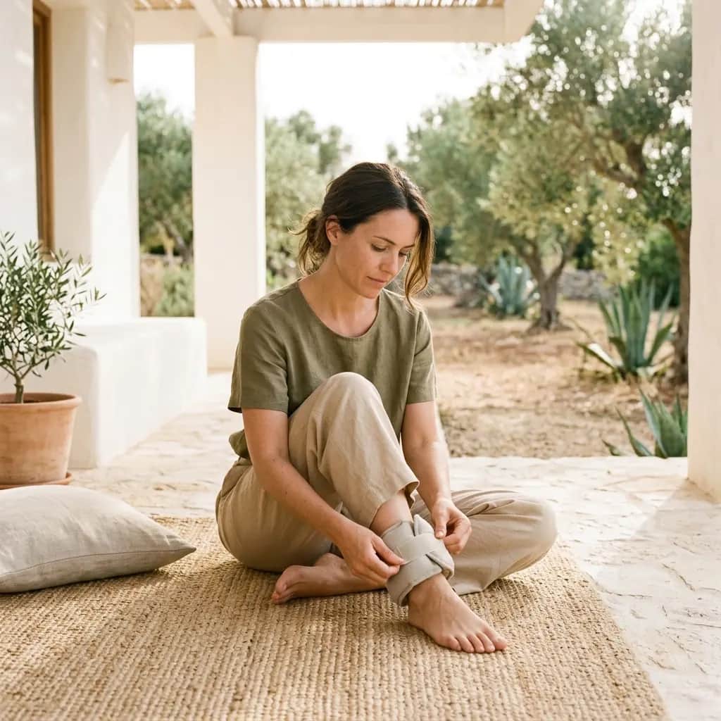 Woman sitting cross-legged on a jute rug, fastening a beige ankle weight around her ankle on a porch