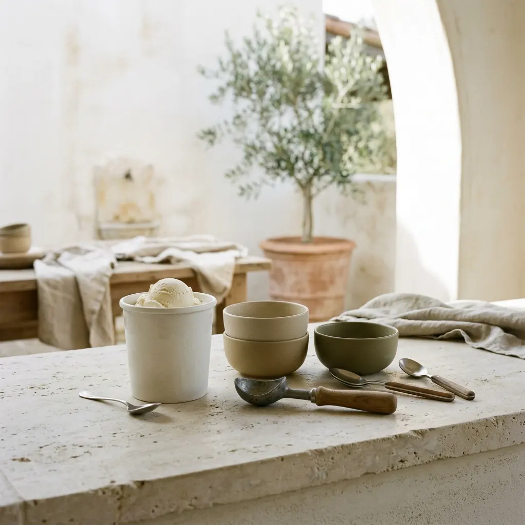 White pint container with a scoop of ice cream, stacked ceramic bowls, an ice cream scoop and spoons on a stone counter