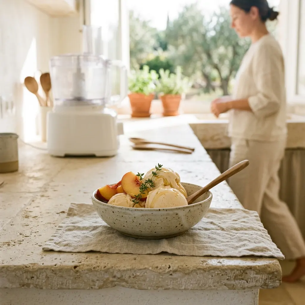 Bowl of vanilla ice cream with peach slices and a thyme sprig on a stone counter, food processor and woman behind