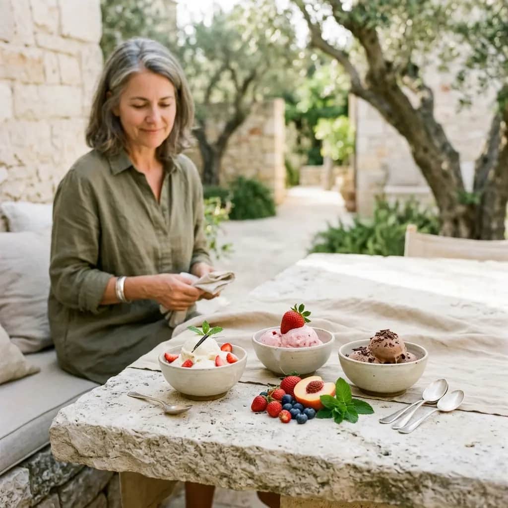 Woman folding a napkin at a stone table set with three bowls of ice cream, fresh berries, a peach half and mint leaves