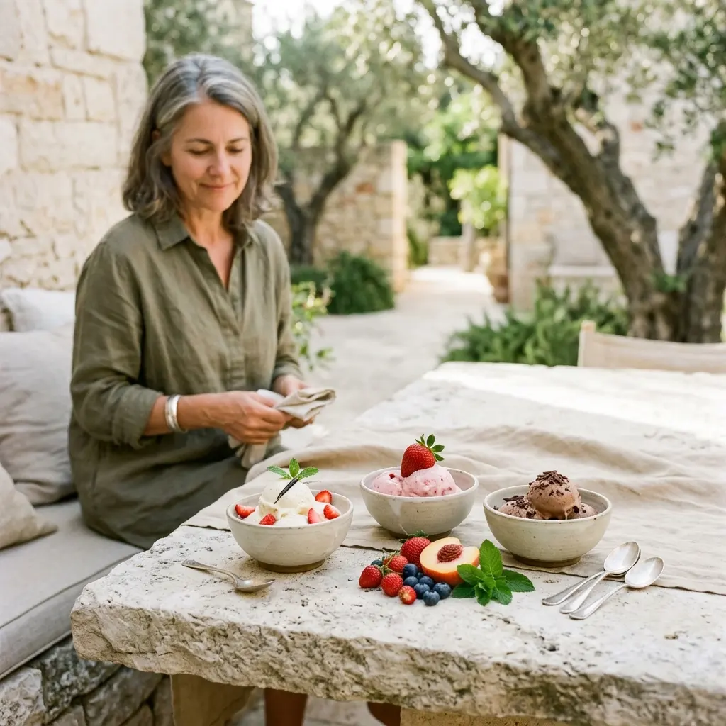 Woman folding a napkin at a stone table set with three bowls of ice cream, fresh berries, a peach half and mint leaves