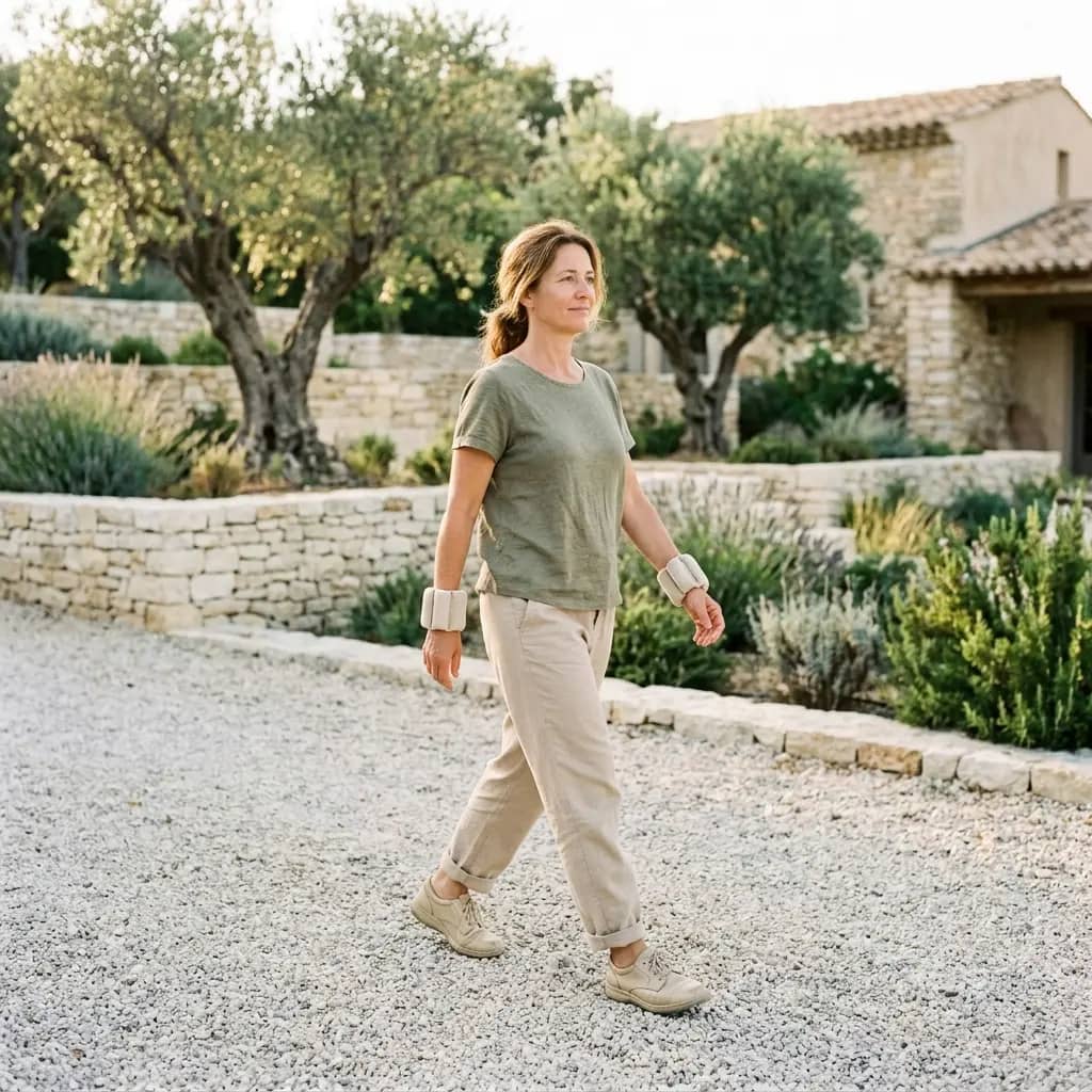 Woman in an olive tee and beige trousers walking on a gravel path wearing cream weighted wrist cuffs