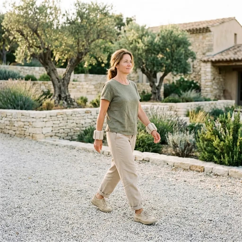 Woman in an olive tee and beige trousers walking on a gravel path wearing cream weighted wrist cuffs