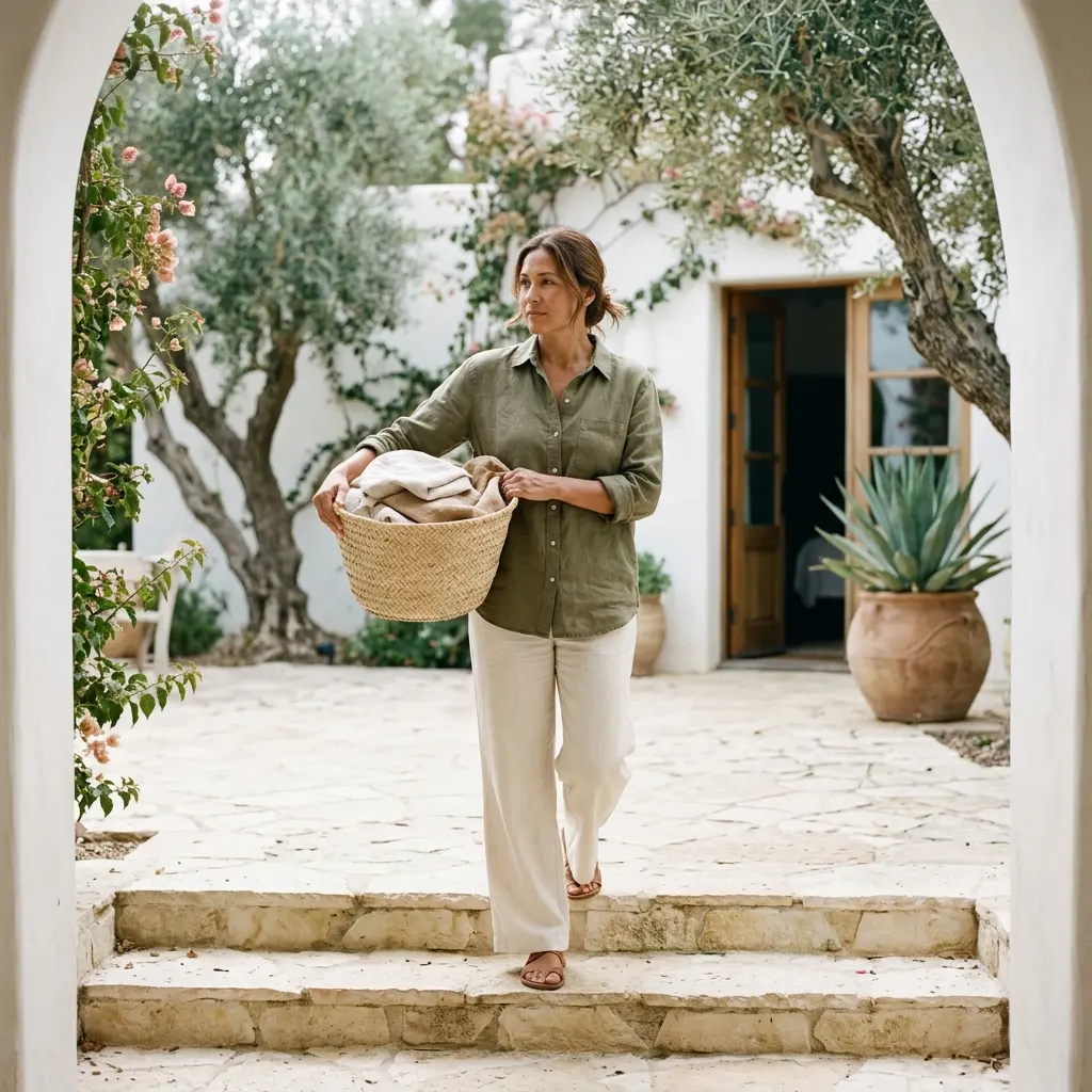 Woman in olive linen shirt and cream trousers carrying a woven basket of linens down stone steps under a white archway