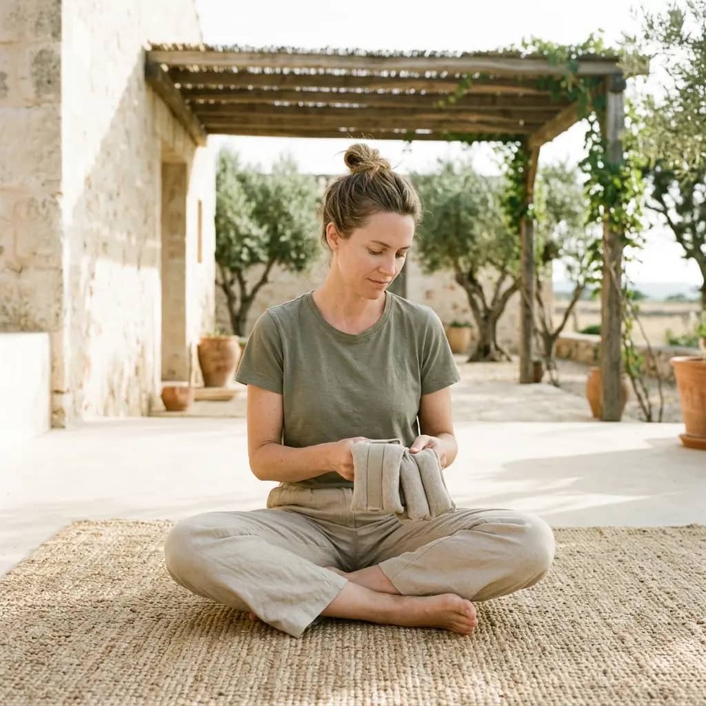 Woman in a green t-shirt sitting cross-legged under a pergola, holding a pair of folded beige wrist weights