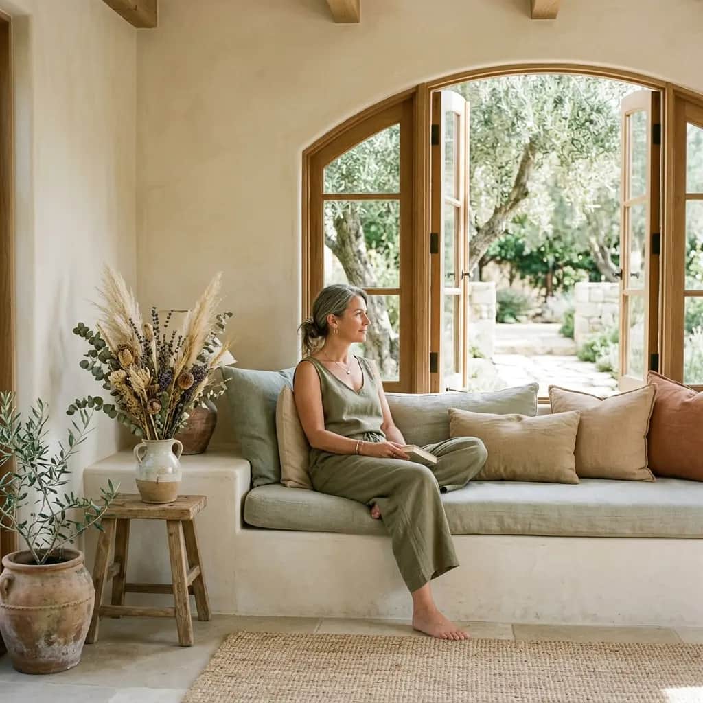Woman in green jumpsuit on a cushioned window bench holding a book, looking out through open arched doors to olive trees