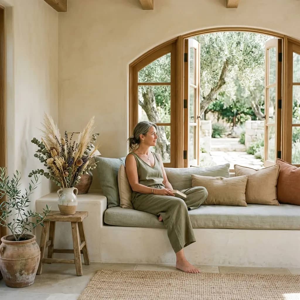Woman in green jumpsuit on a cushioned window bench holding a book, looking out through open arched doors to olive trees