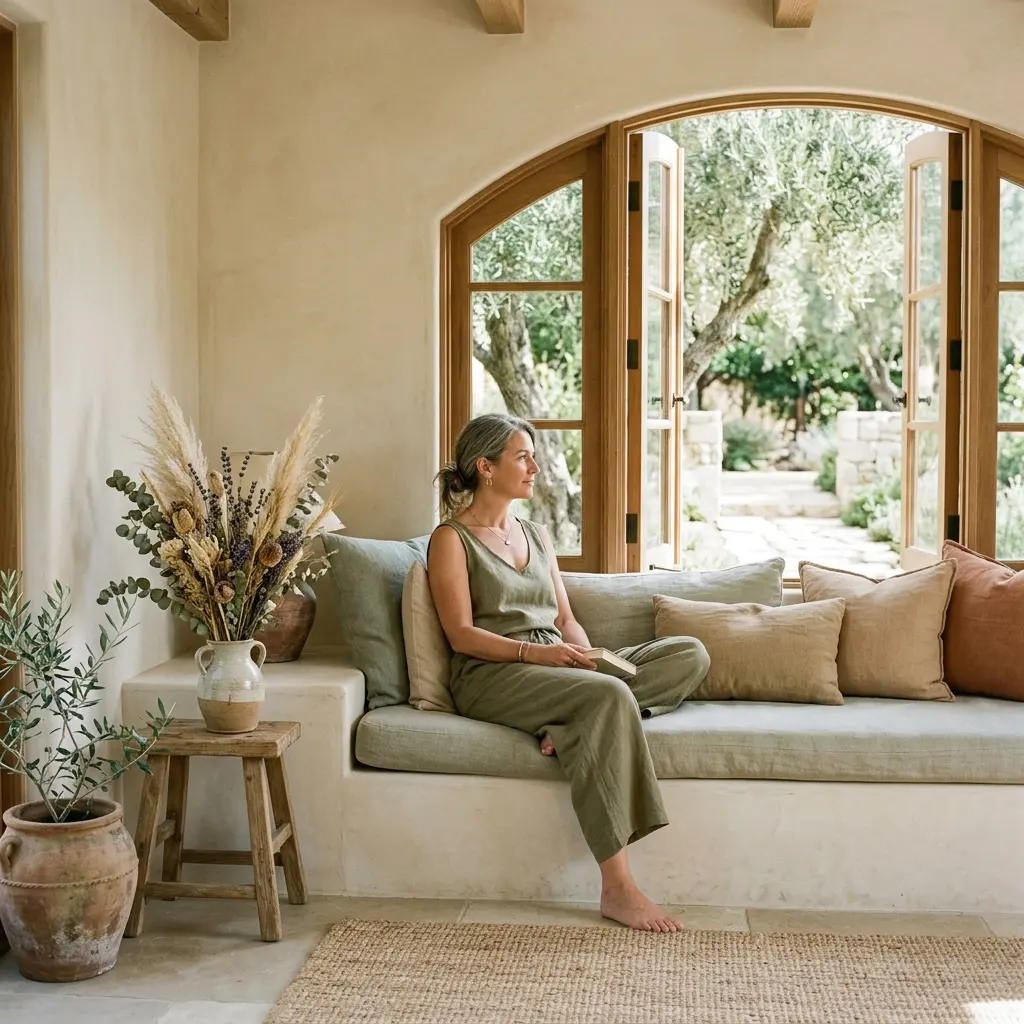 Woman in green jumpsuit on a cushioned window bench holding a book, looking out through open arched doors to olive trees