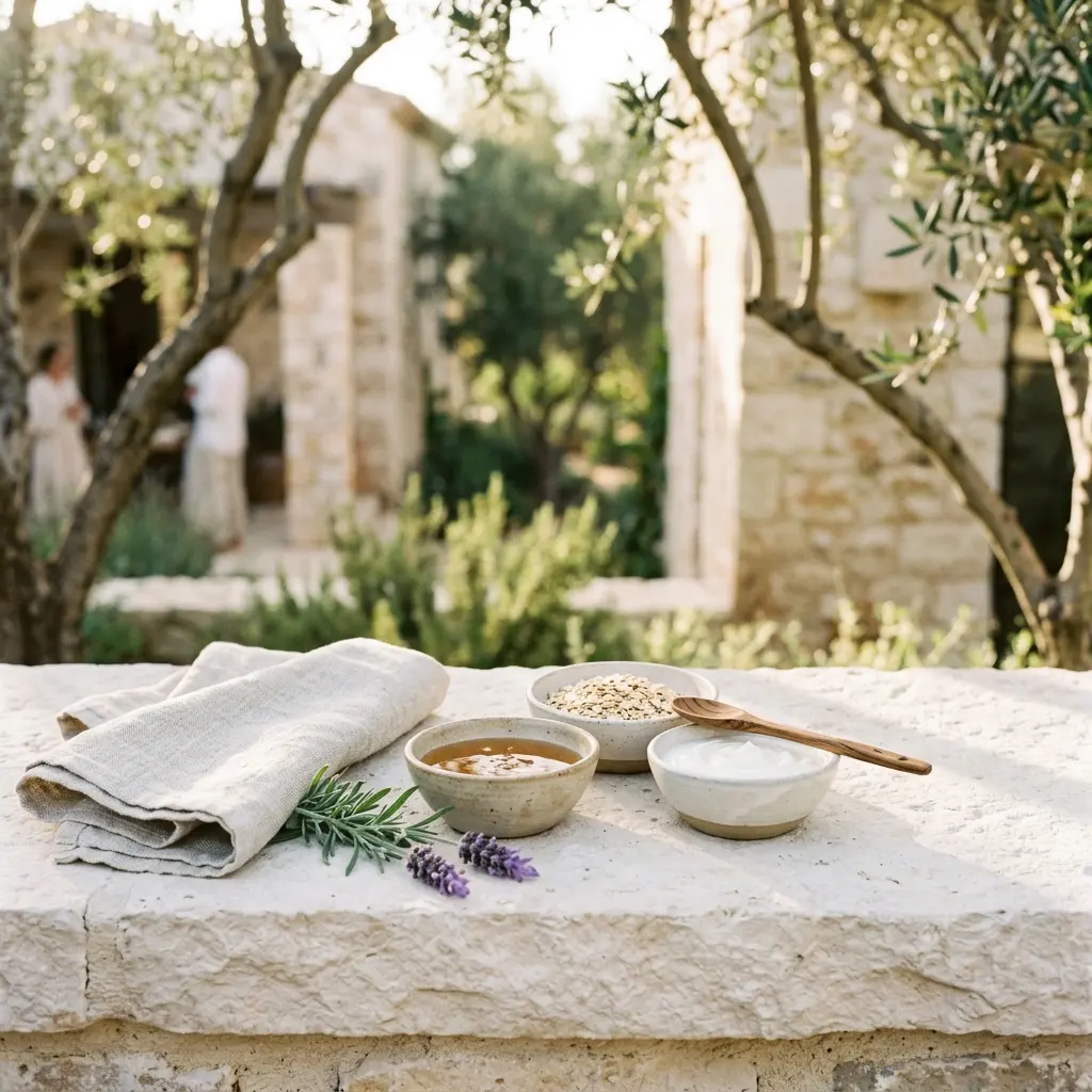 Bowls of honey, oats and yogurt with a wooden spoon, lavender and rosemary sprigs on a stone ledge in an olive garden