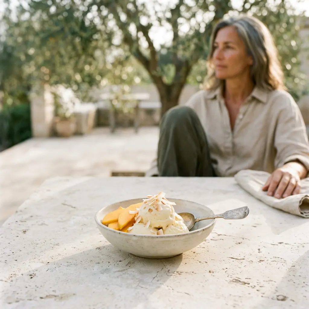 Bowl of creamy scoops topped with mango slices and coconut flakes on a stone table, woman seated behind