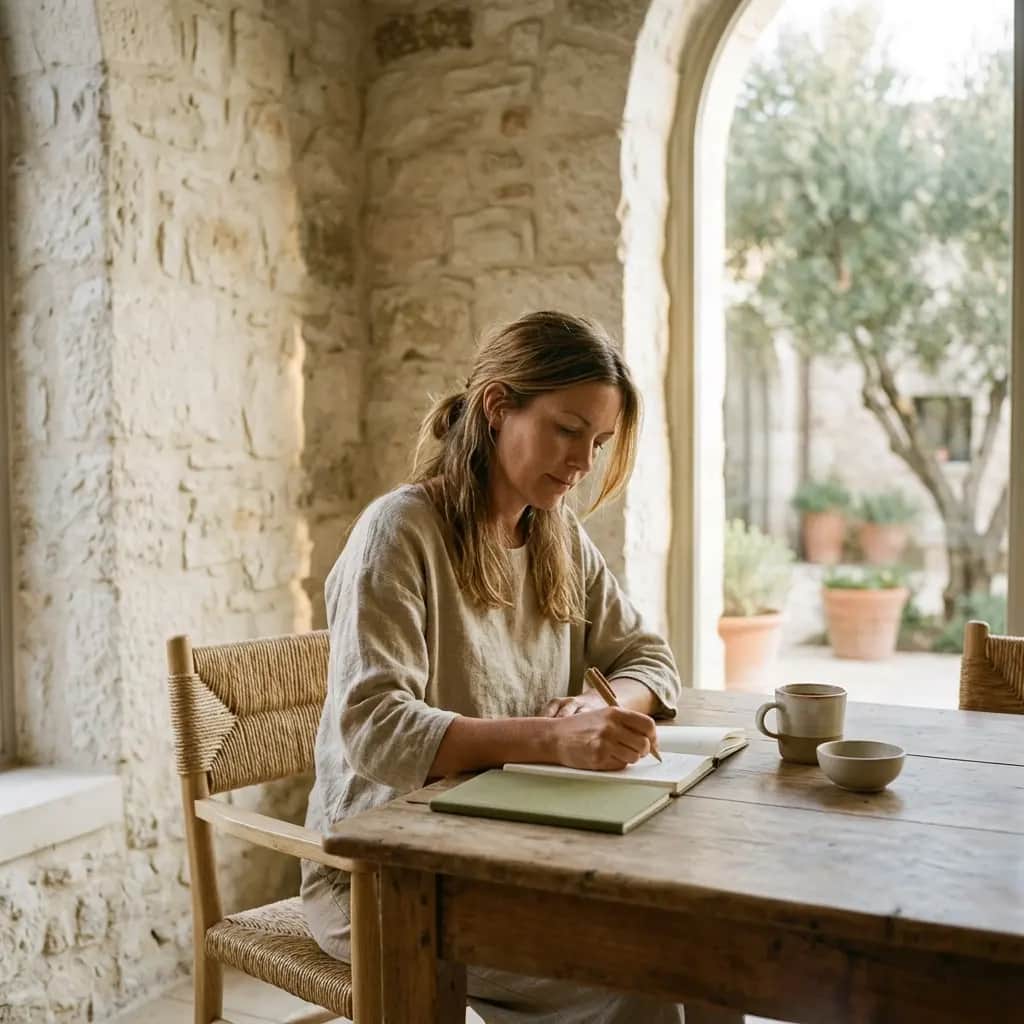 Woman writing in a green journal at a wooden table with a mug and bowl, an arched doorway behind her