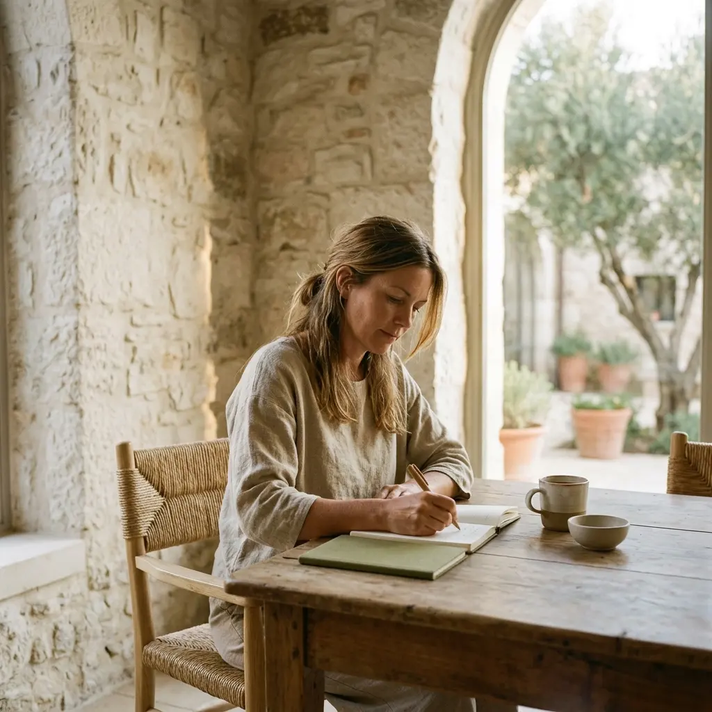 Woman writing in a green journal at a wooden table with a mug and bowl, an arched doorway behind her