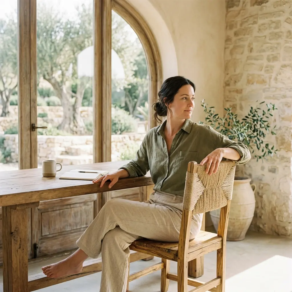 Barefoot woman in green shirt and linen trousers sitting sideways on a woven chair at a wooden table