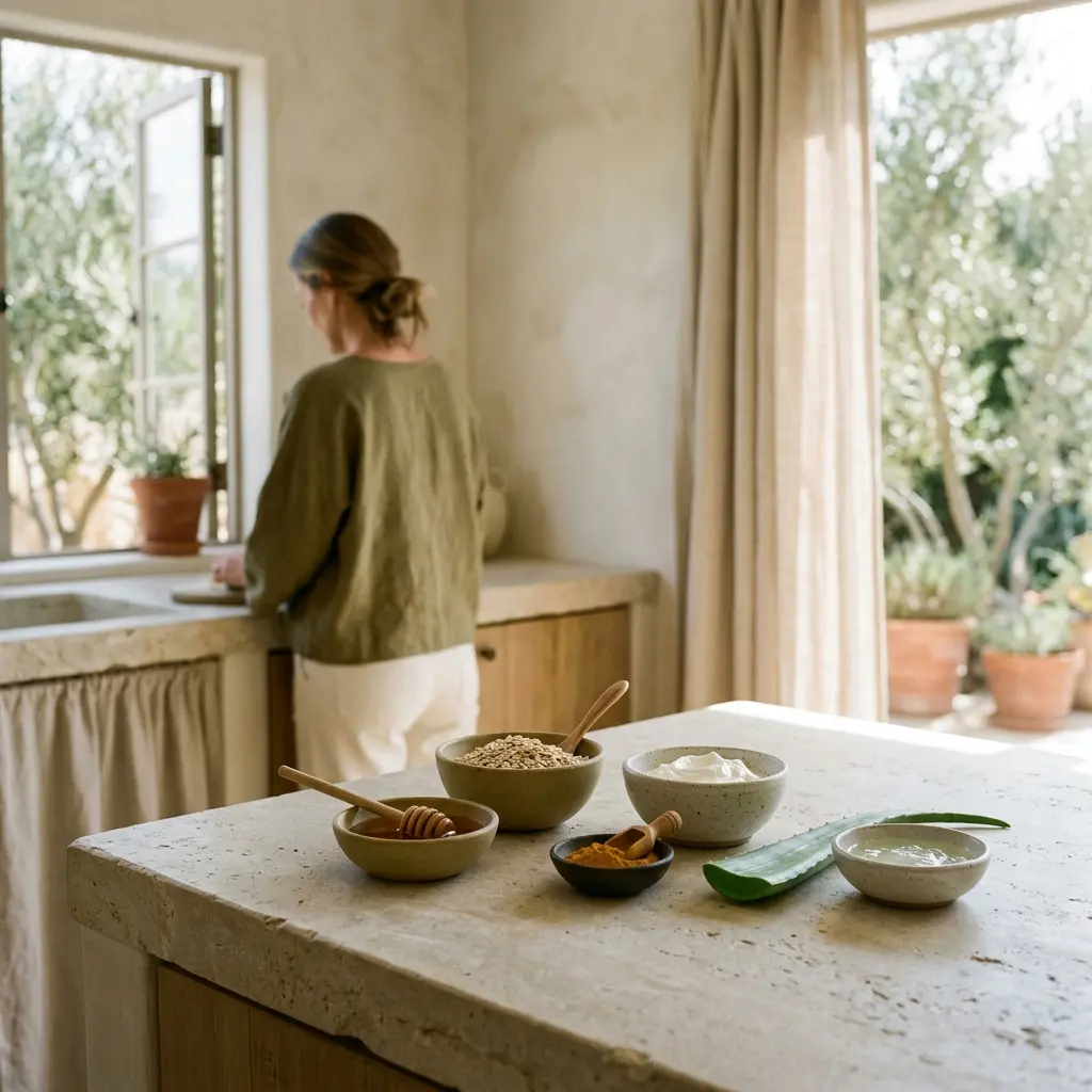 Bowls of honey, oats, yogurt, turmeric and an aloe leaf on a stone counter, woman in green top at a window behind