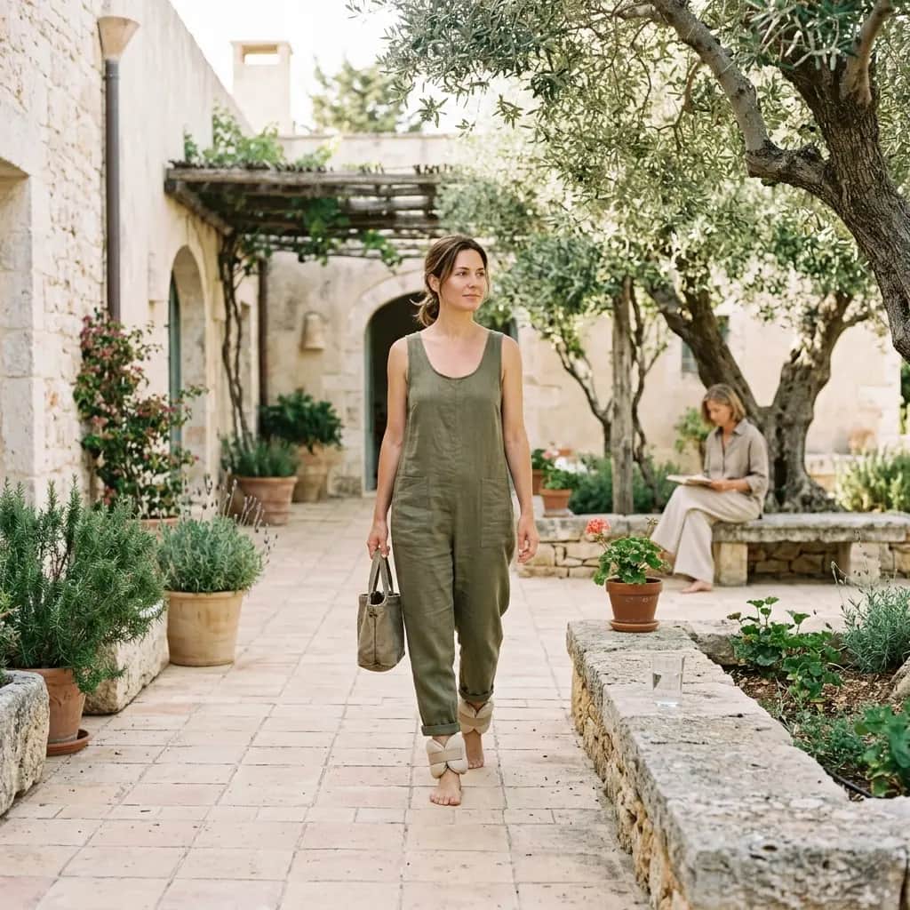 Woman in green linen jumpsuit walking across a courtyard with beige ankle weights, holding a canvas bag