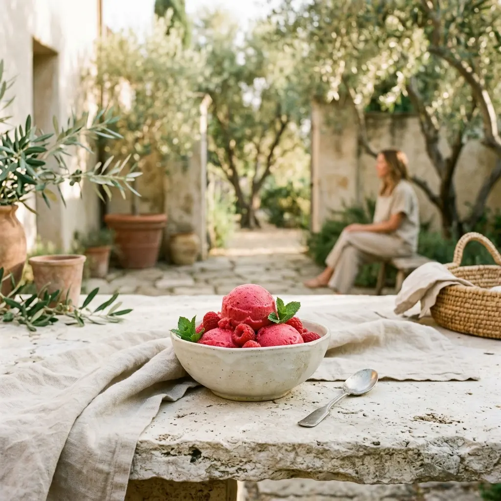 Bowl of bright raspberry sorbet with mint and berries on a linen-draped stone table, woman seated in the garden behind