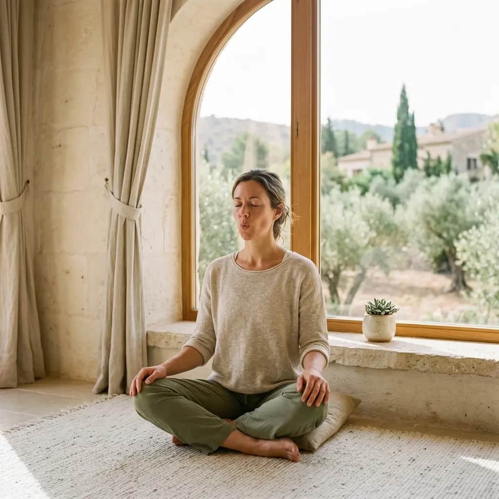 Woman sitting cross-legged on a rug by an arched window, lips pursed in a slow breath, succulent on the sill