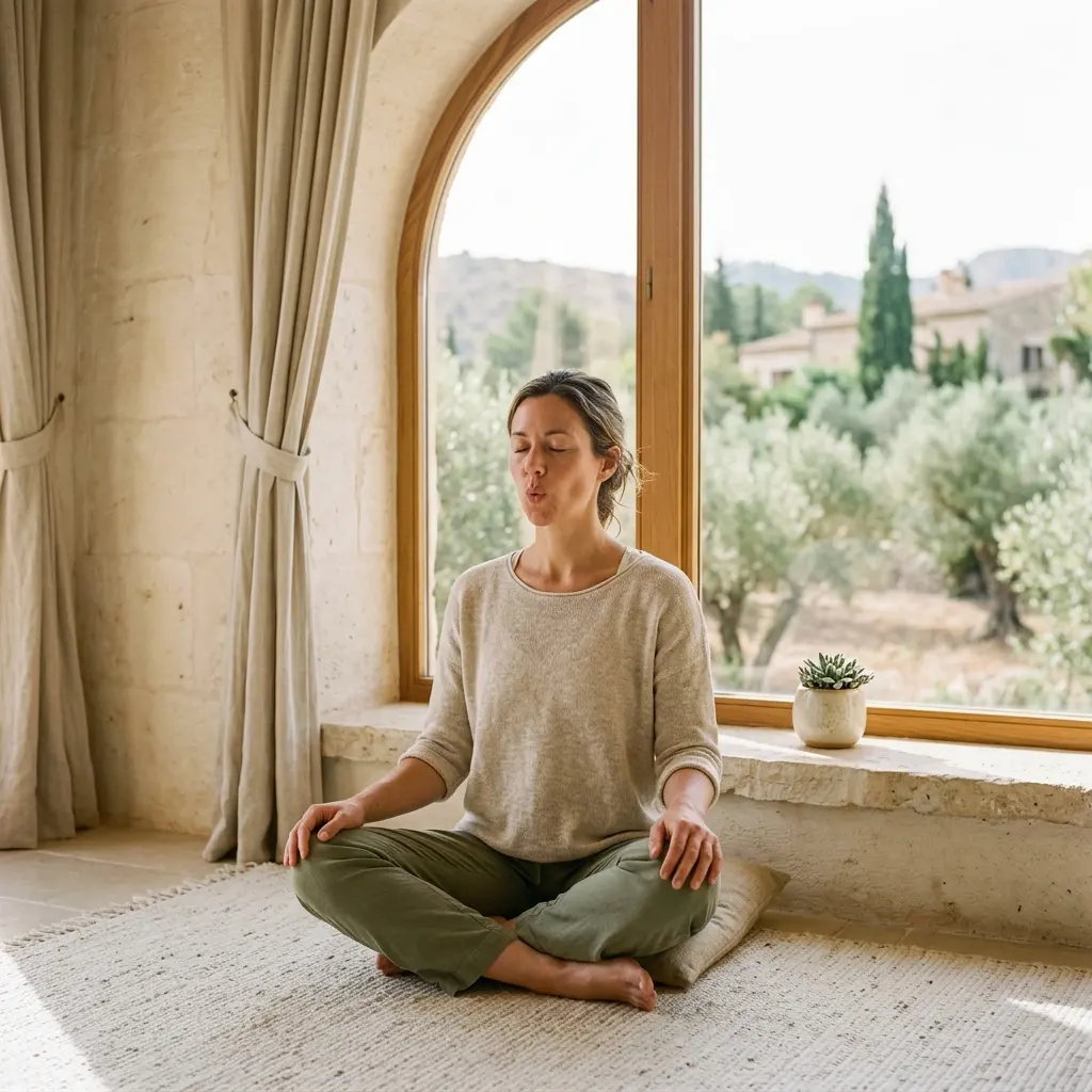 Woman sitting cross-legged on a rug by an arched window, lips pursed in a slow breath, succulent on the sill