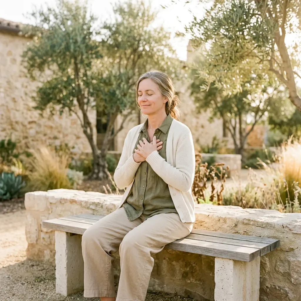 Woman with eyes closed and both hands on her heart sitting on a stone bench in a courtyard garden