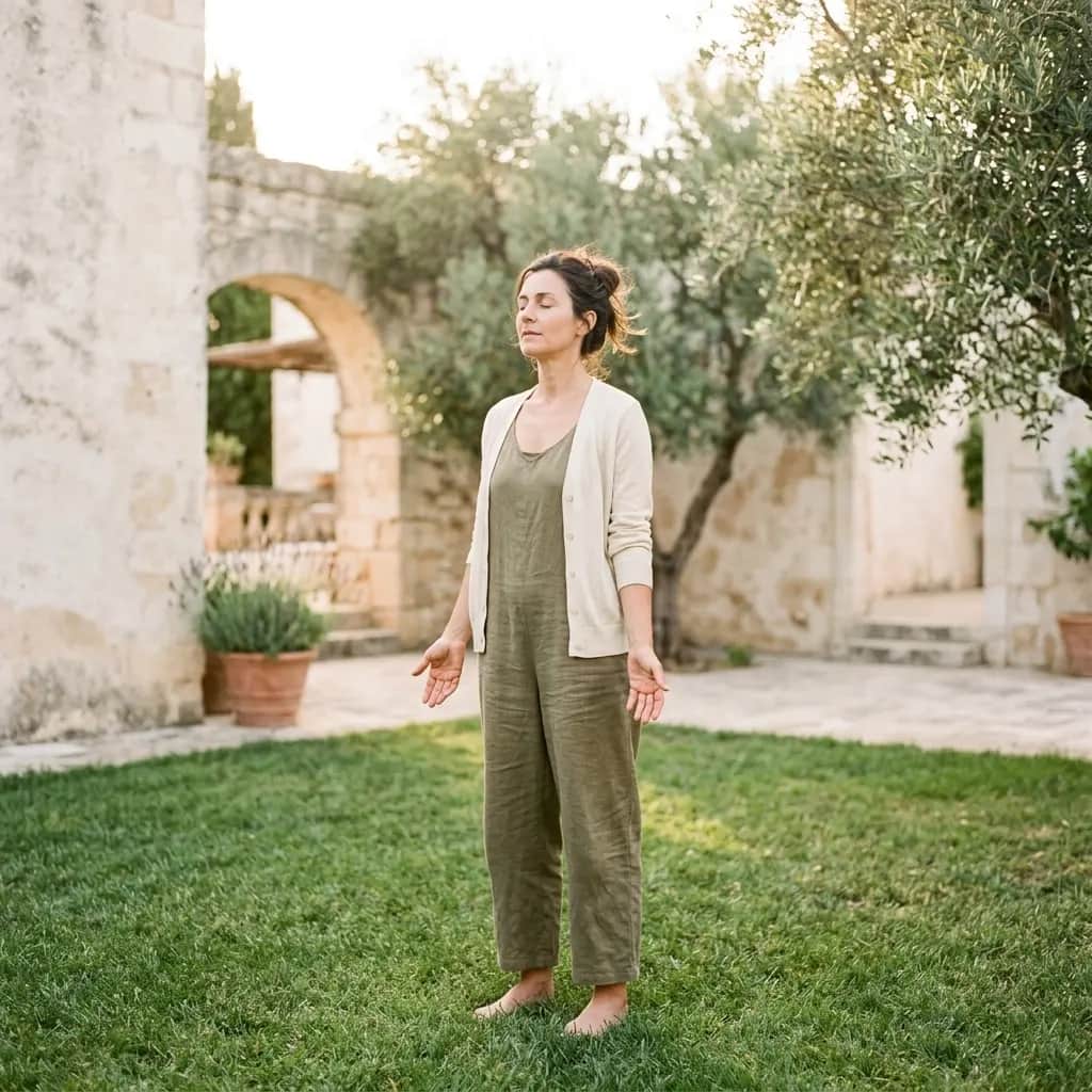 Barefoot woman in an olive linen jumpsuit and cream cardigan standing on grass with eyes closed, palms open